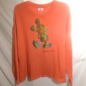 Walt Disney World Large Mickey Mouse Sequin Long Sleeve Orange Light Sweatshirt